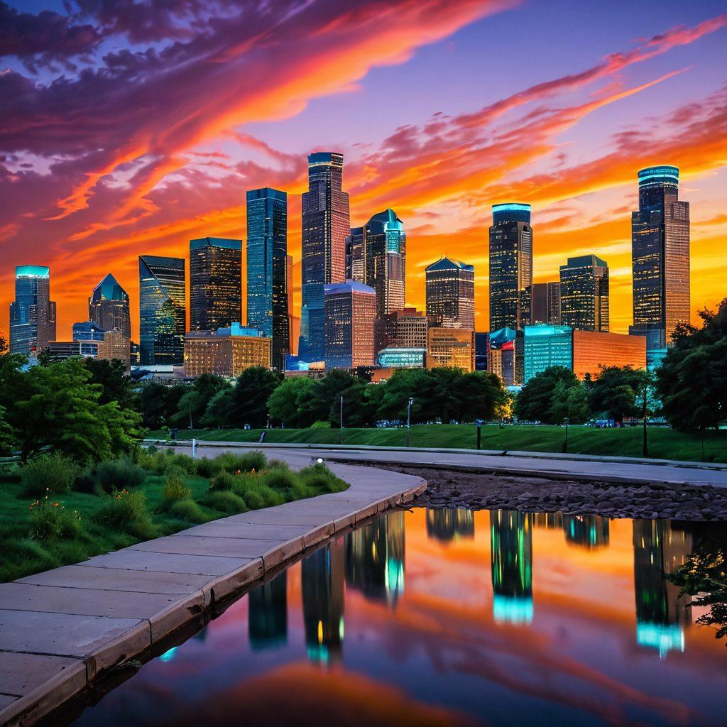 A vibrant cityscape of Detroit at sunset, showcasing iconic landmarks like the Detroit skyline, the Renaissance Center, and lush urban parks filled with families enjoying outdoor activities. Include cheerful street life with diverse people, colorful murals, and green spaces. Highlight elements that represent joy and community, such as people smiling and engaging in conversation. The scene should evoke a sense of warmth and liveliness. super-realistic. vibrant colors. atmospheric lighting.