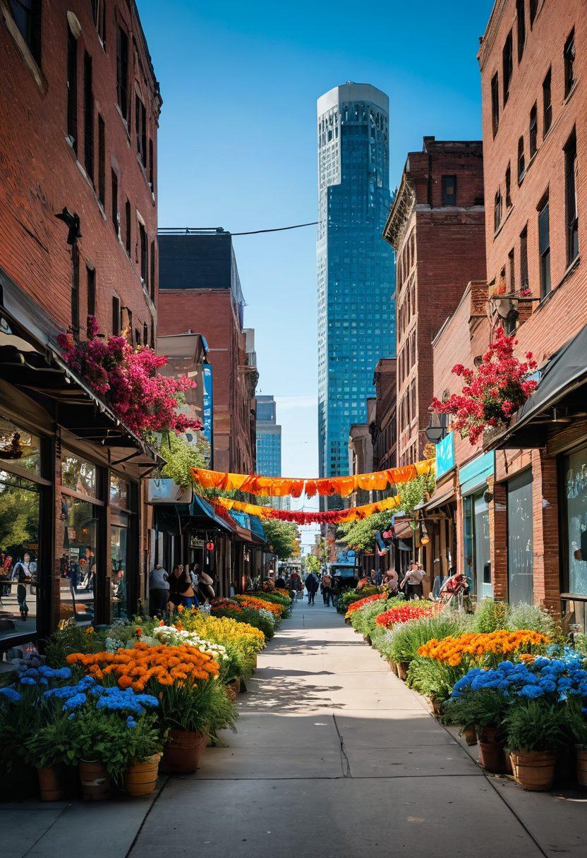 A vibrant cityscape of Detroit, showcasing a lively street filled with people of diverse backgrounds engaging in community activities. Include elements like public art installations, farmers' markets, and street musicians, all set against a backdrop of iconic Detroit architecture. The scene should radiate joy and community spirit, with colorful banners and flowers adorning the streets. Capture the essence of urban life and connection among residents. super-realistic. vibrant colors. dynamic composition.