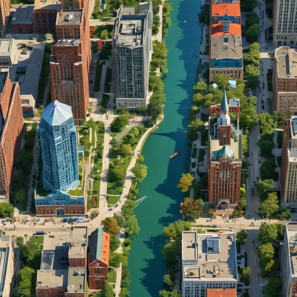 A vibrant cityscape of Detroit showcasing its diverse neighborhoods, with historic architecture juxtaposed against modern murals, bustling community events, and joyful residents celebrating civic pride. Include iconic landmarks like the Detroit River and the Renaissance Center, bathed in warm sunlight and surrounded by lush greenery. super-realistic. vibrant colors. 3D.